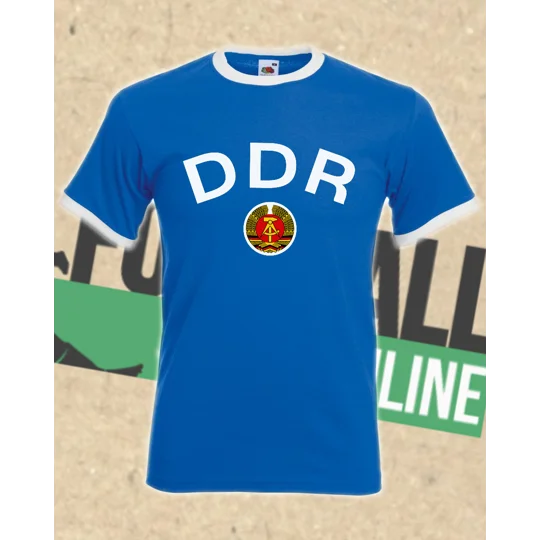 East Germany DDR-inspired football T-shirt showing full-colour retro artwork on a blue cotton tee