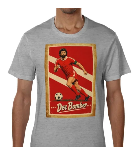 Grey football T-shirt featuring full-colour Gerd Müller-inspired artwork