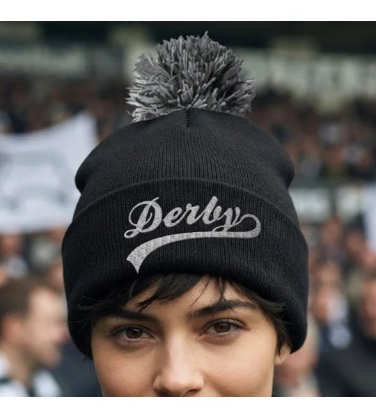 Derby-inspired retro football bobble hat with embroidered design