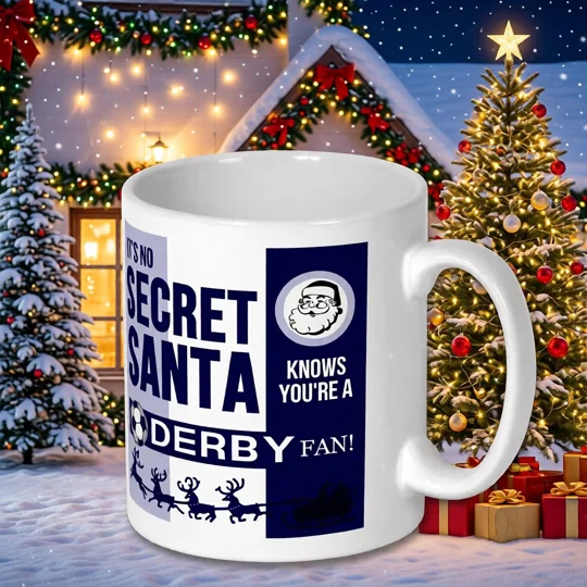 Derby County-inspired Secret Santa Christmas mug featuring full-colour football artwork for Rams supporters