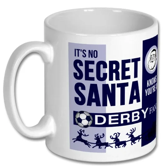 Derby County-inspired 10oz Secret Santa football mug, a festive present idea for Rams fans
