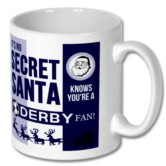 White Derby County Rams-inspired Christmas gift mug with glossy football-themed artwork