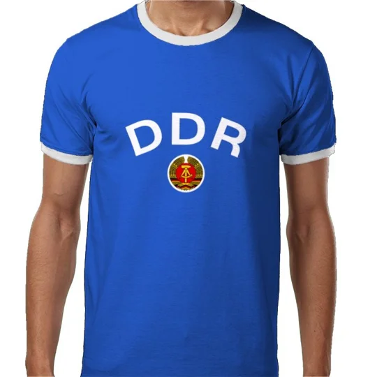 Blue East Germany DDR T Shirt featuring retro-inspired football artwork and white detailing