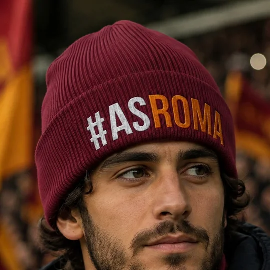 Roma-inspired embroidered hashtag design football beanie hat
