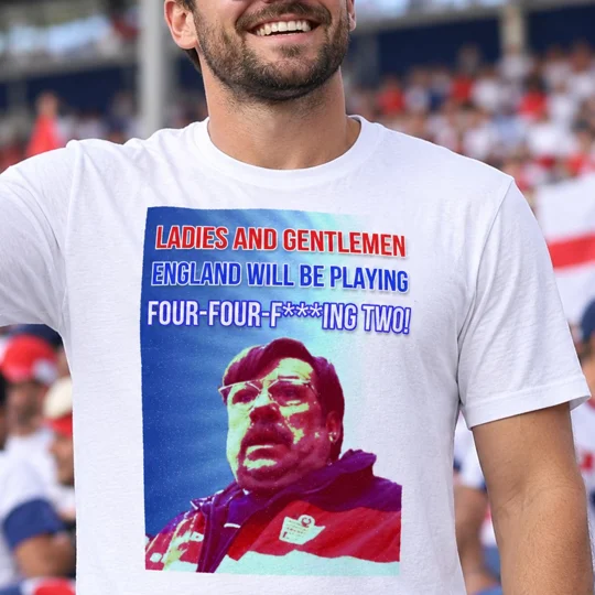 Mike Bassett-inspired England manager quote T-shirt with full-colour football comedy artwork on a white cotton tee.