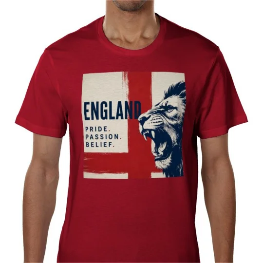 Pride Passion Belief England-inspired red T-shirt with full-colour football fan artwork.