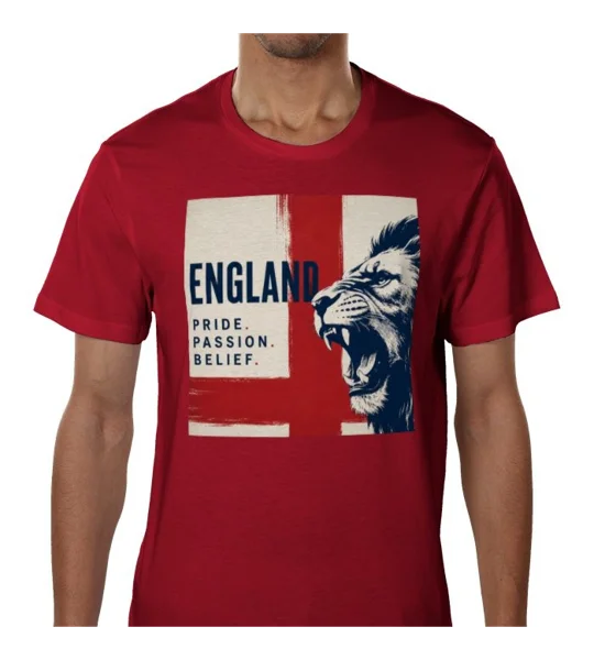 Pride Passion Belief England-inspired red T-shirt with full-colour football fan artwork.