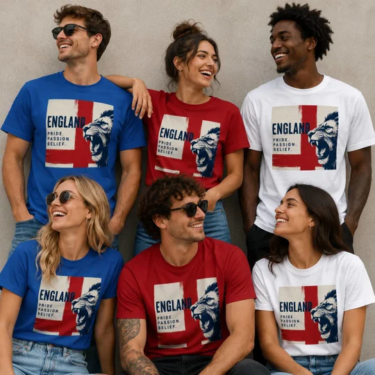 Pride Passion Belief T-shirt featuring an England-inspired football design, ideal for supporters.