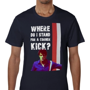 Escape to Victory Hatch “Where Do I Stand for a Corner Kick?” Blue T-Shirt | Football Movie Classic