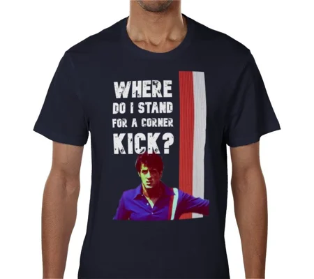Escape to Victory Hatch “Where Do I Stand for a Corner Kick?” Blue T-Shirt | Football Movie Classic