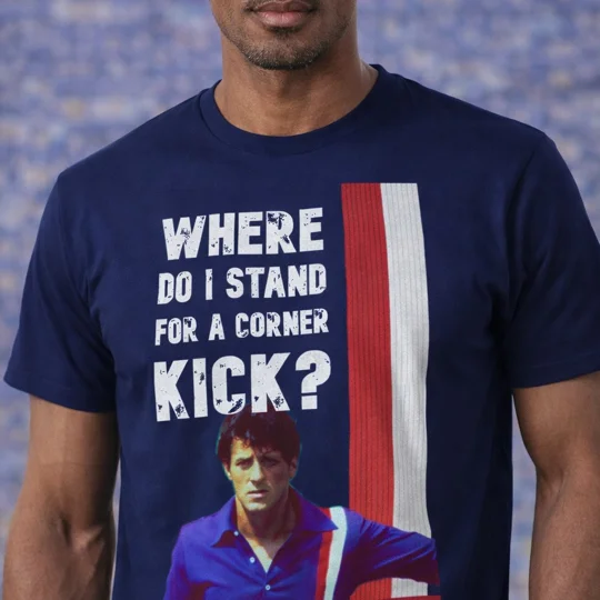 Escape to Victory Hatch “Where Do I Stand for a Corner Kick?” Blue T-Shirt | Football Movie Classic