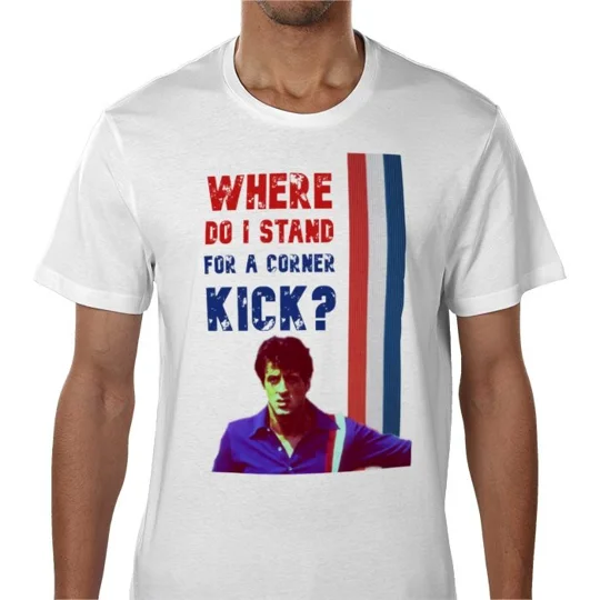 White Escape to Victory football film-inspired T-shirt featuring the famous Where Do I Stand for a Corner Kick quote.