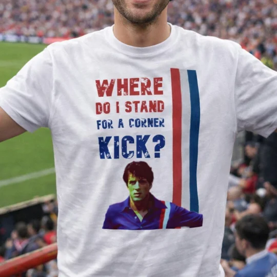 Escape to Victory-inspired Where Do I Stand for a Corner Kick white T-shirt with full-colour football movie artwork.