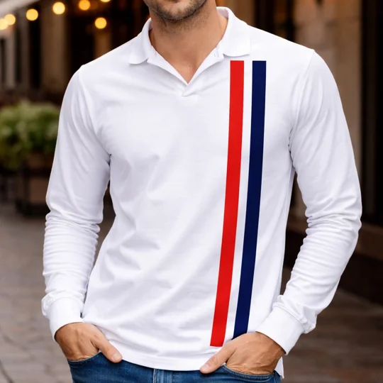 Escape To Victory Long Sleeve White Polo Shirt – Vintage Football Inspired Stripe Design