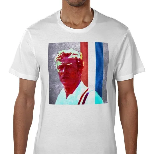 White cotton Michael Caine T-shirt featuring full-colour Captain John Colby artwork inspired by Escape to Victory