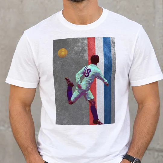 Ossie Ardiles-inspired Escape to Victory retro football T-shirt featuring a full-colour iconic image on white cotton.