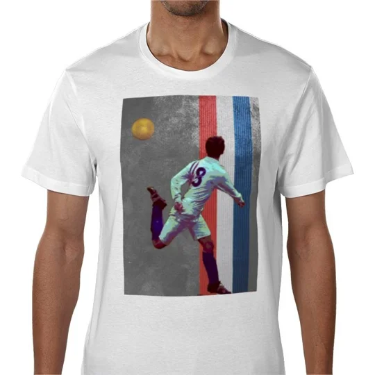 Escape to Victory Ossie Ardiles-inspired white T-shirt featuring a colourful retro football movie tribute design.