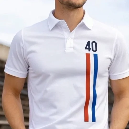 Escape to Victory-inspired 40th Anniversary white polo shirt with full-colour print