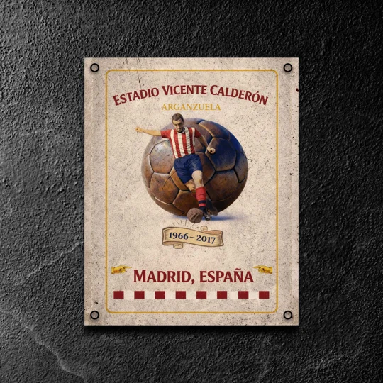 Vintage-style Estadio Vicente Calderón metal sign inspired by Atlético Madrid football heritage