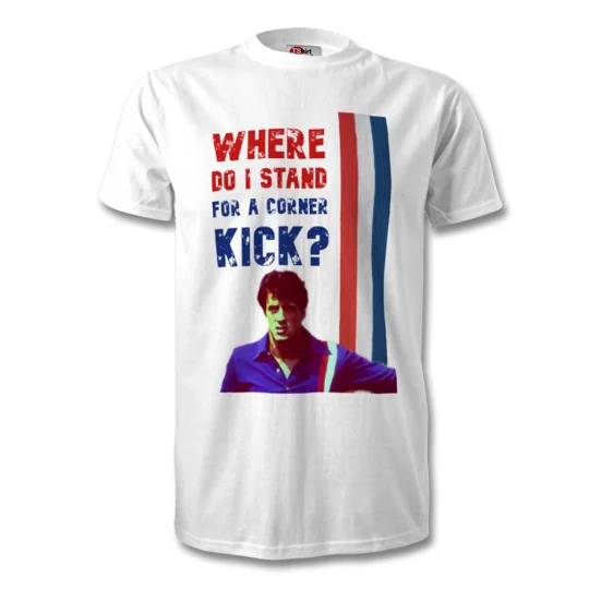 Classic football movie Escape to Victory-inspired cotton T-shirt with colourful vintage-style artwork, available in sizes S to 2XL.