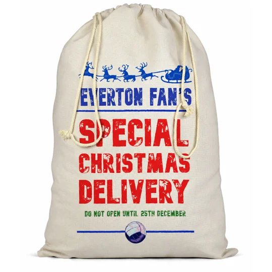 Everton-inspired Christmas gift sack showing the full-colour football artwork and double drawcord closure