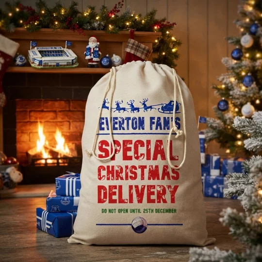 Everton-inspired football fan Christmas Santa sack in off-white cotton with full-colour artwork