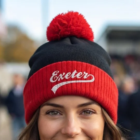 Exeter-inspired embroidered retro-style football bobble hat