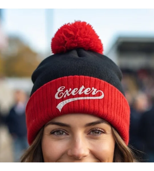Exeter-inspired embroidered retro-style football bobble hat