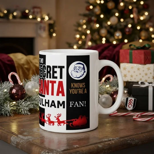 Fulham-inspired Secret Santa Christmas gift mug with full-colour football art on a white 10oz mug