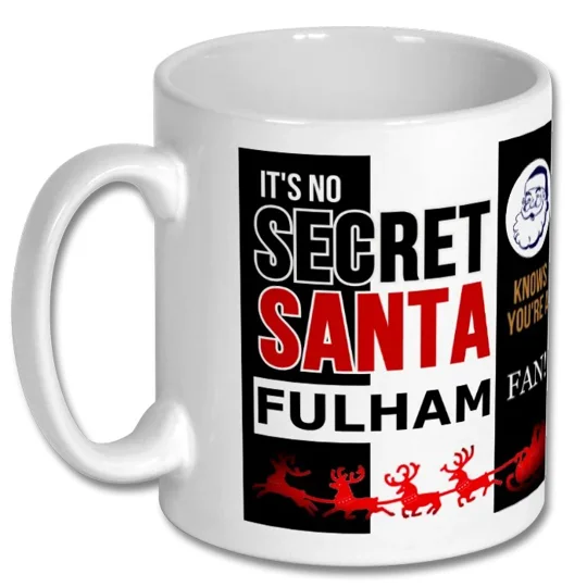 White Fulham-inspired football gift mug with colourful artwork, ideal for Christmas presents and football fans