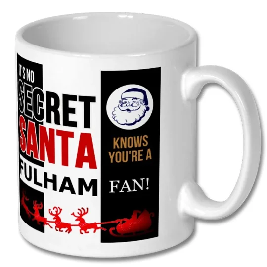 Fulham-inspired Christmas mug featuring a glossy, high-definition football art design for a Secret Santa gift