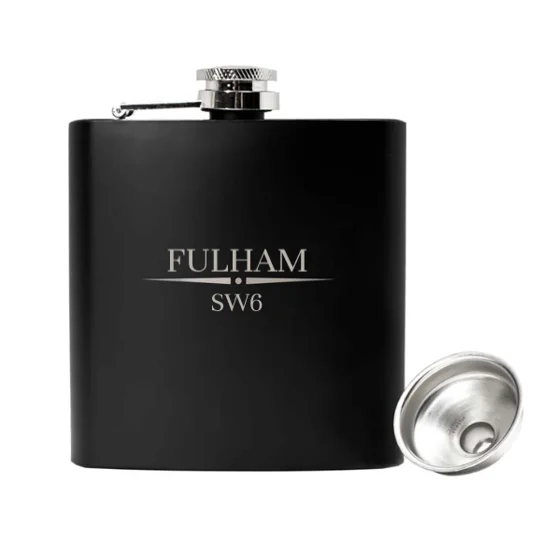 Fulham SW6-inspired 6oz luxury black engraved hip flask for football fans