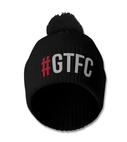 Grimsby-inspired retro-style bobble hat featuring an embroidered hashtag football design, perfect for Grimsby football fans and matchday wear.