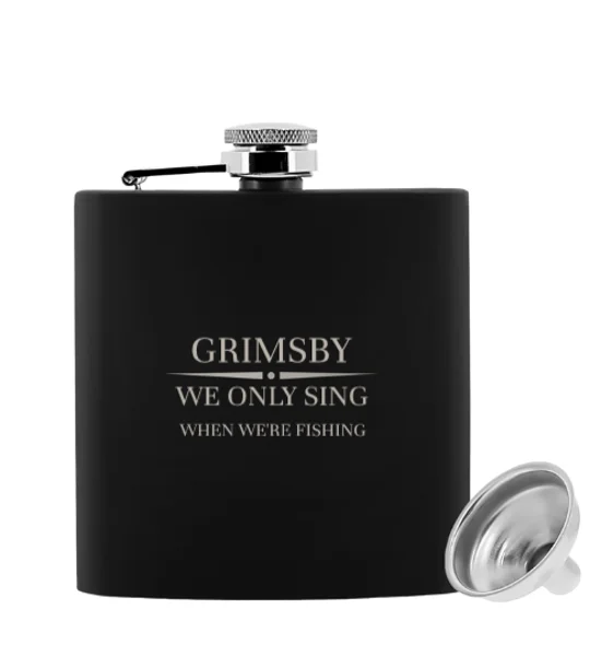 Engraved Grimsby-inspired football hip flask with presentation gift box
