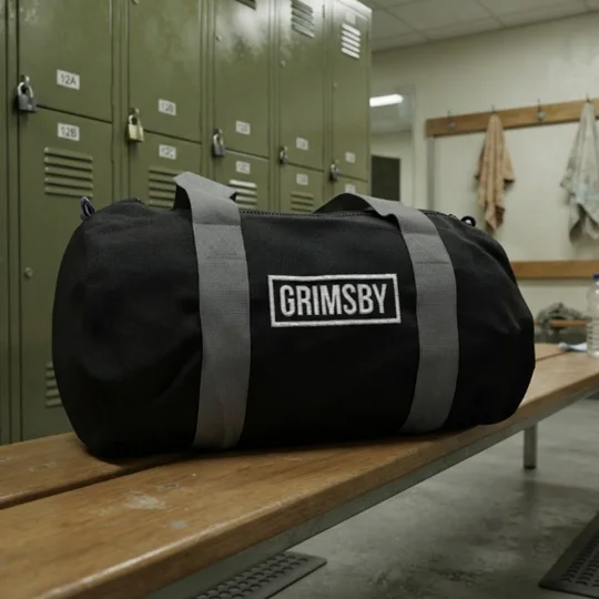 Grimsby-inspired football kitbag showing retro-style embroidered detailing