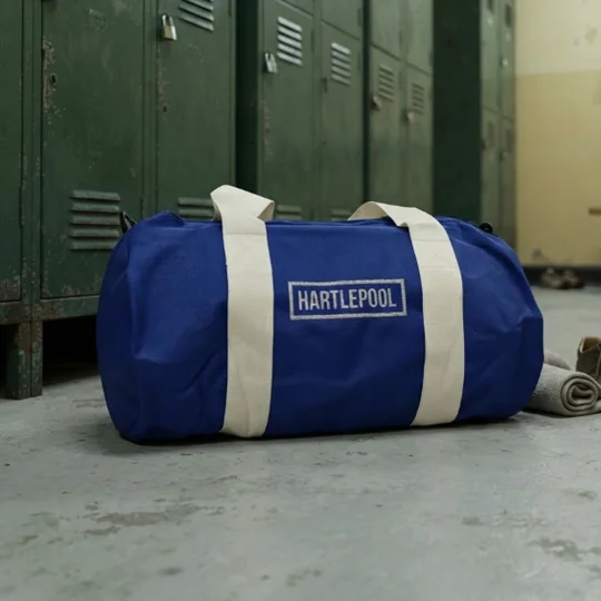 Hartlepool-inspired retro style football holdall barrel kitbag with embroidered detailing