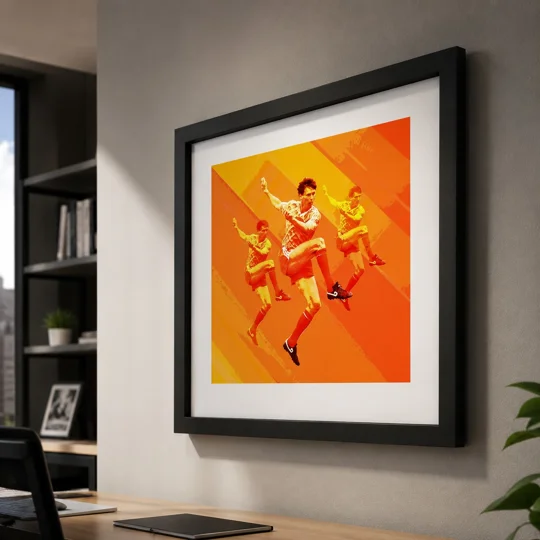 Holland Netherlands Van Basten-inspired framed football art print featuring a dynamic retro-style football illustration in vibrant orange, yellow and red tones, displayed at an angle on a modern office wall.