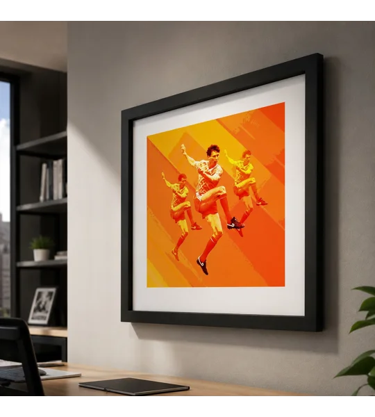 Holland Netherlands Van Basten-inspired framed football art print featuring a dynamic retro-style football illustration in vibrant orange, yellow and red tones, displayed at an angle on a modern office wall.
