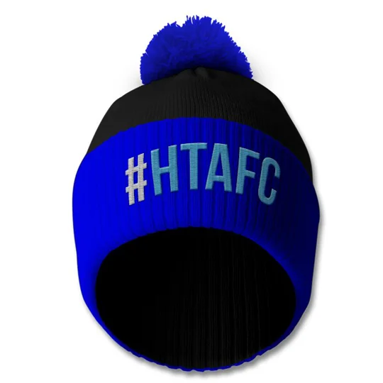 Huddersfield-inspired retro football bobble hat with embroidered hashtag design
