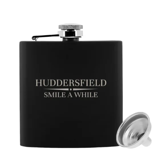 Engraved Huddersfield-inspired football hip flask with gift presentation box
