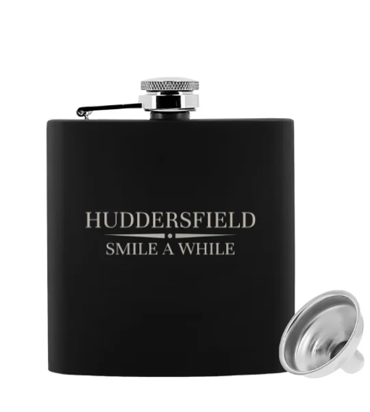 Engraved Huddersfield-inspired football hip flask with gift presentation box