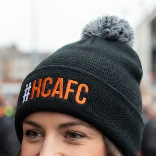 Hull City-inspired retro football bobble hat with embroidered hashtag design