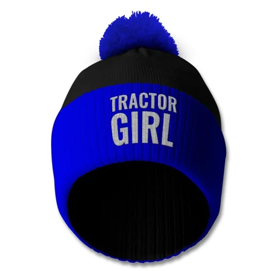 Tractor Girls retro-style bobble hat with Ipswich Town-inspired design