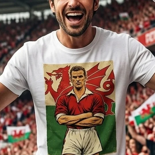 John Charles tribute T-shirt featuring Wales-inspired football art on a white cotton tee
