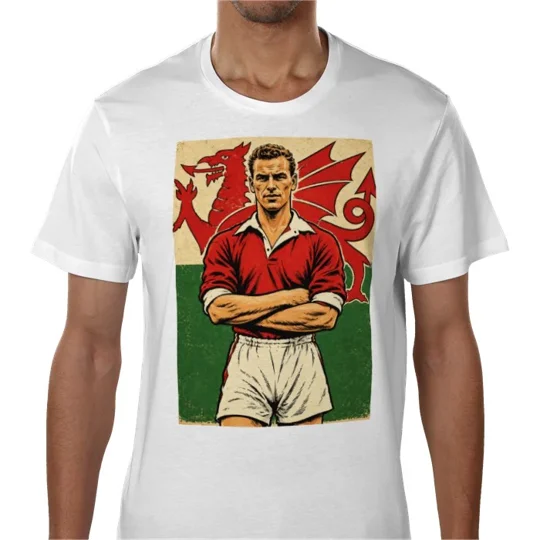 White John Charles football legend T-shirt with full-colour Welsh football-inspired artwork