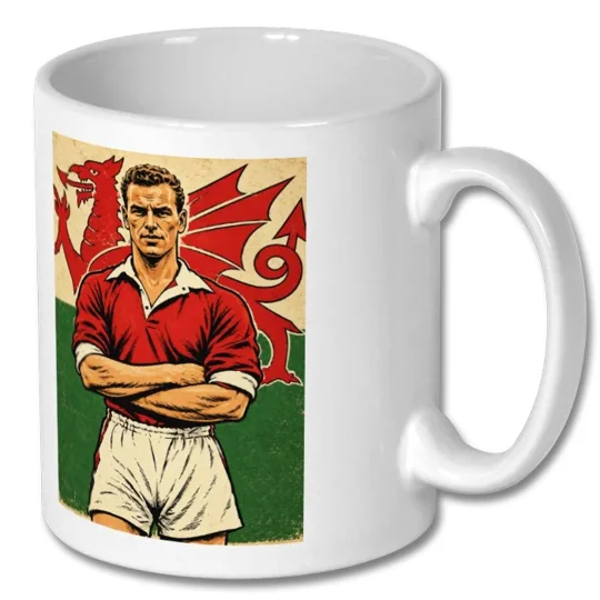 John Charles Wales-inspired football art mug featuring full-colour tribute artwork on a white mug
