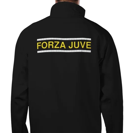 Juventus-inspired black embroidered softshell jacket with gold and white detailing