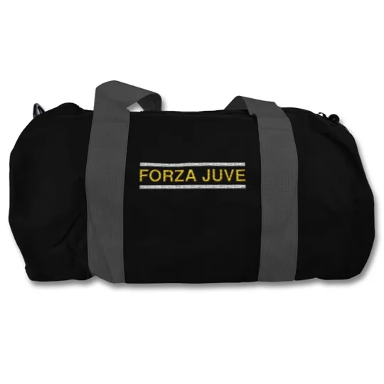 Juventus-inspired retro-style football holdall kitbag with embroidered detailing and detachable shoulder strap.