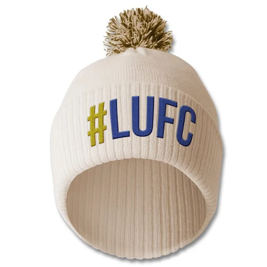 Warm soft-feel acrylic Leeds-inspired football bobble hat with embroidery