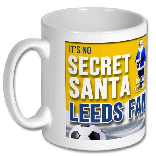 White 10oz Leeds United-inspired football gift mug with glossy full-colour print